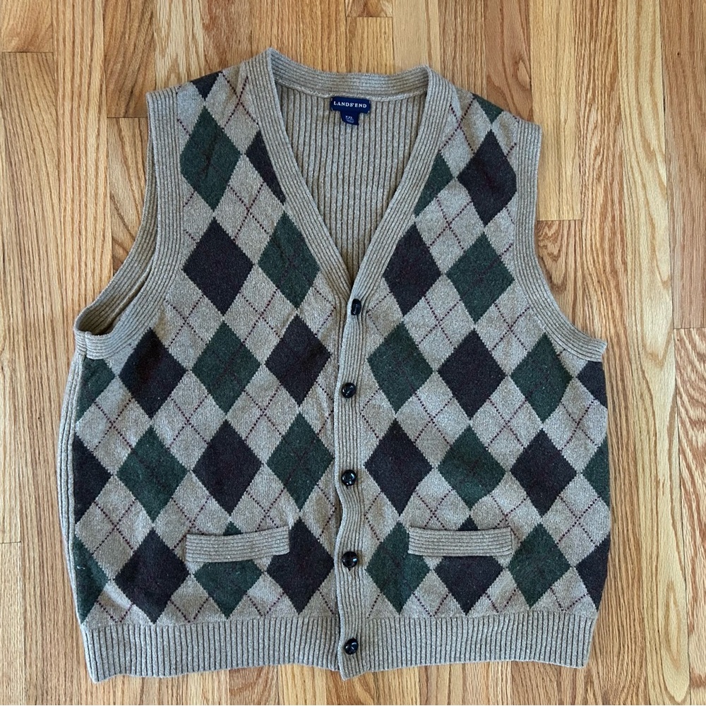 Lands' End Argyle Cardigan Vest - Green and Brown